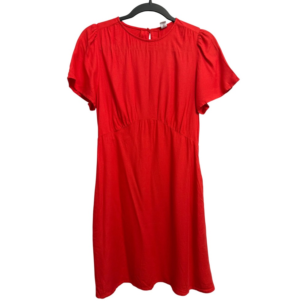 Old Navy SS Crepe Small Mini Dress Coral Red Short Sleeve Empire Waist Pockets